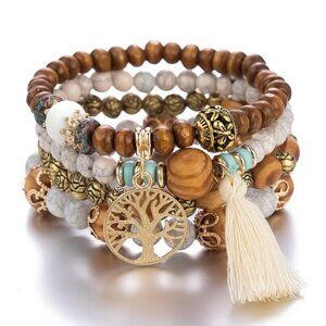 4 Piece Tree & Tassel Charm Beaded Bracelet